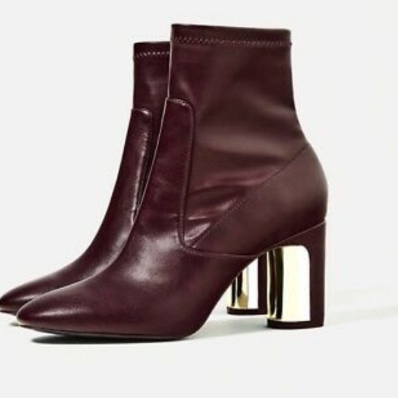 Zara Burgundy Ankle Boots w. Gold heel detail - Picture 3 of 7